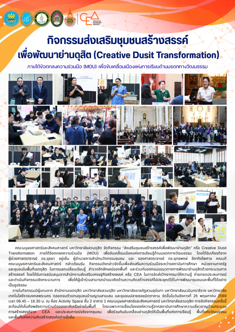 กิจกรรมส่งเสริมชุมชนสร้างสรรค์เพื่อพัฒนาย่านดุสิต (Creative Dusit Transformation) ภายใต้ข้อตกลงความร่วมมือ (MOU) เพื่อขับเคลื่อนเมืองแห่งการเรียนด้านมรดกทางวัฒนธรรม
